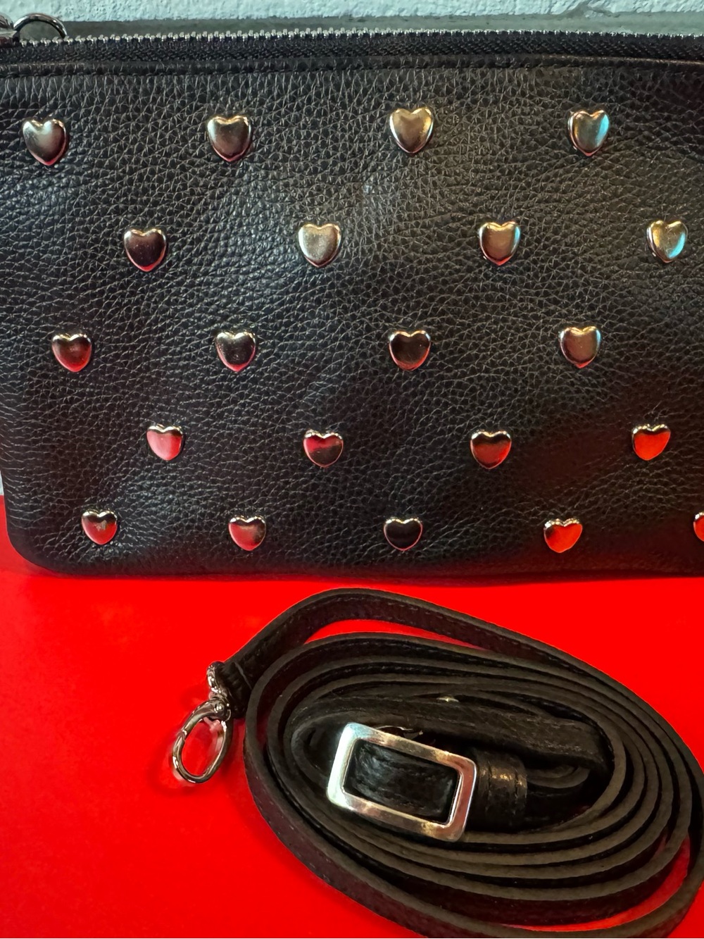 Brighton Black Heart-Stud Crossbody with Silver Accents